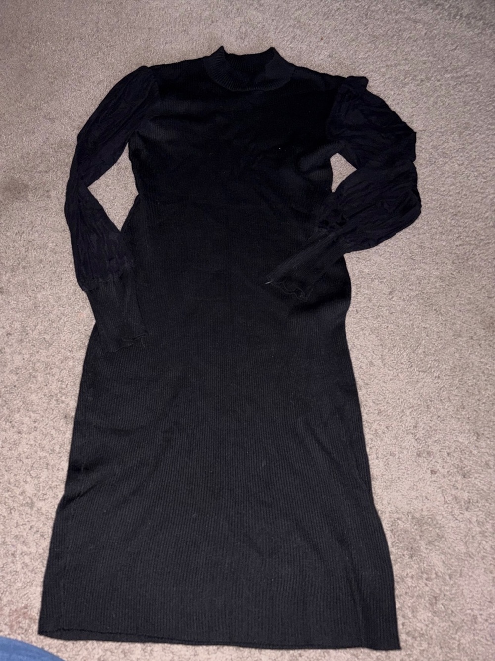Almost Famous Black Ribbed Midi Dress with Sheer Puff Sleeves